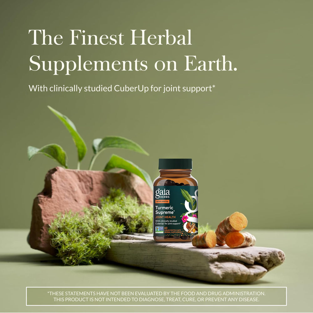 Gaia Herbs Turmeric Supreme Joint Health label closeup highlighting ingredients