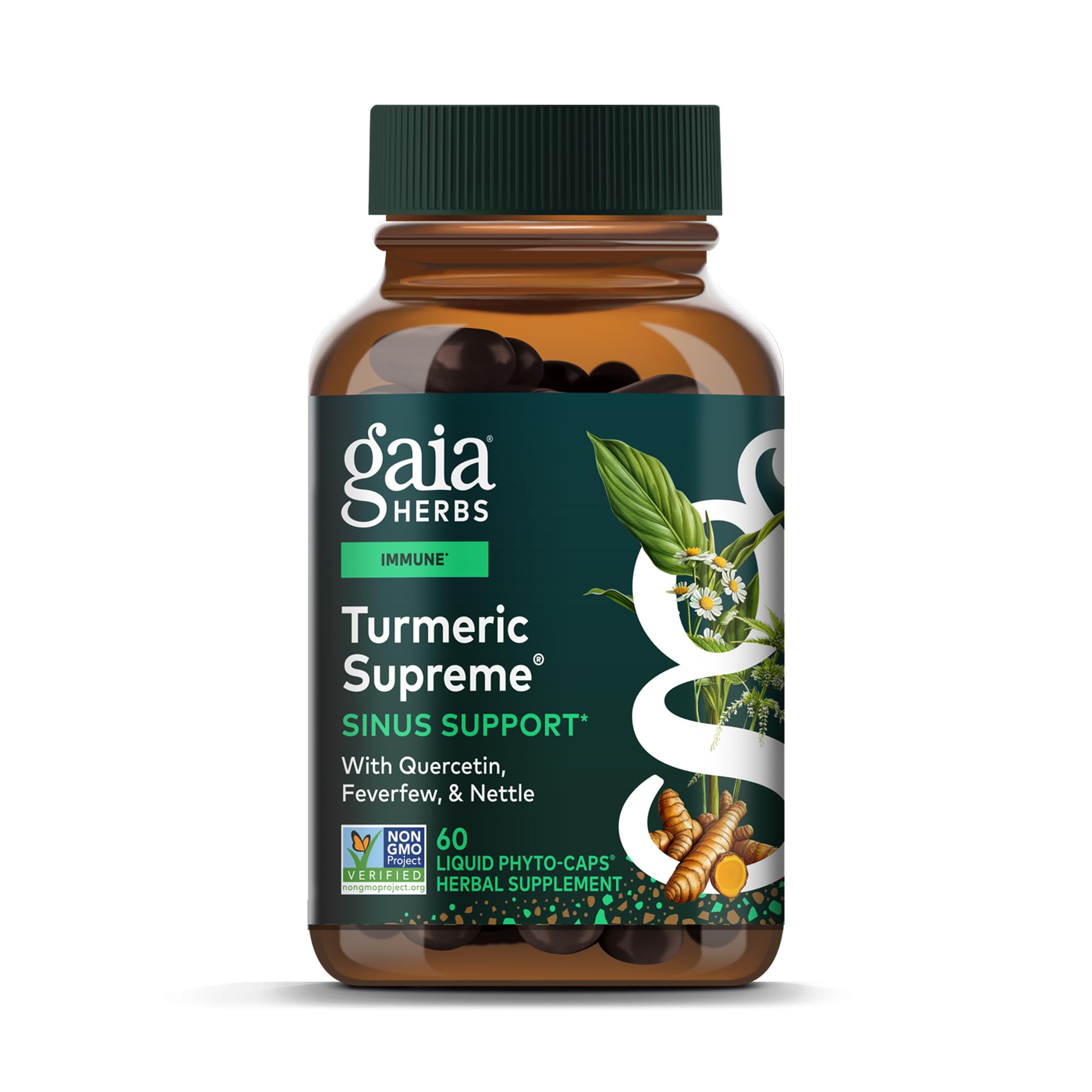 Gaia Herbs Turmeric Supreme Sinus Support bottle shows a plant-based blend for sinus comfort