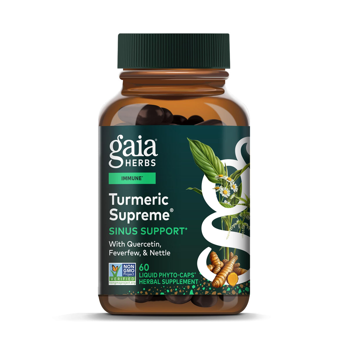 Gaia Herbs Turmeric Supreme Sinus Support bottle shows a plant-based blend for sinus comfort