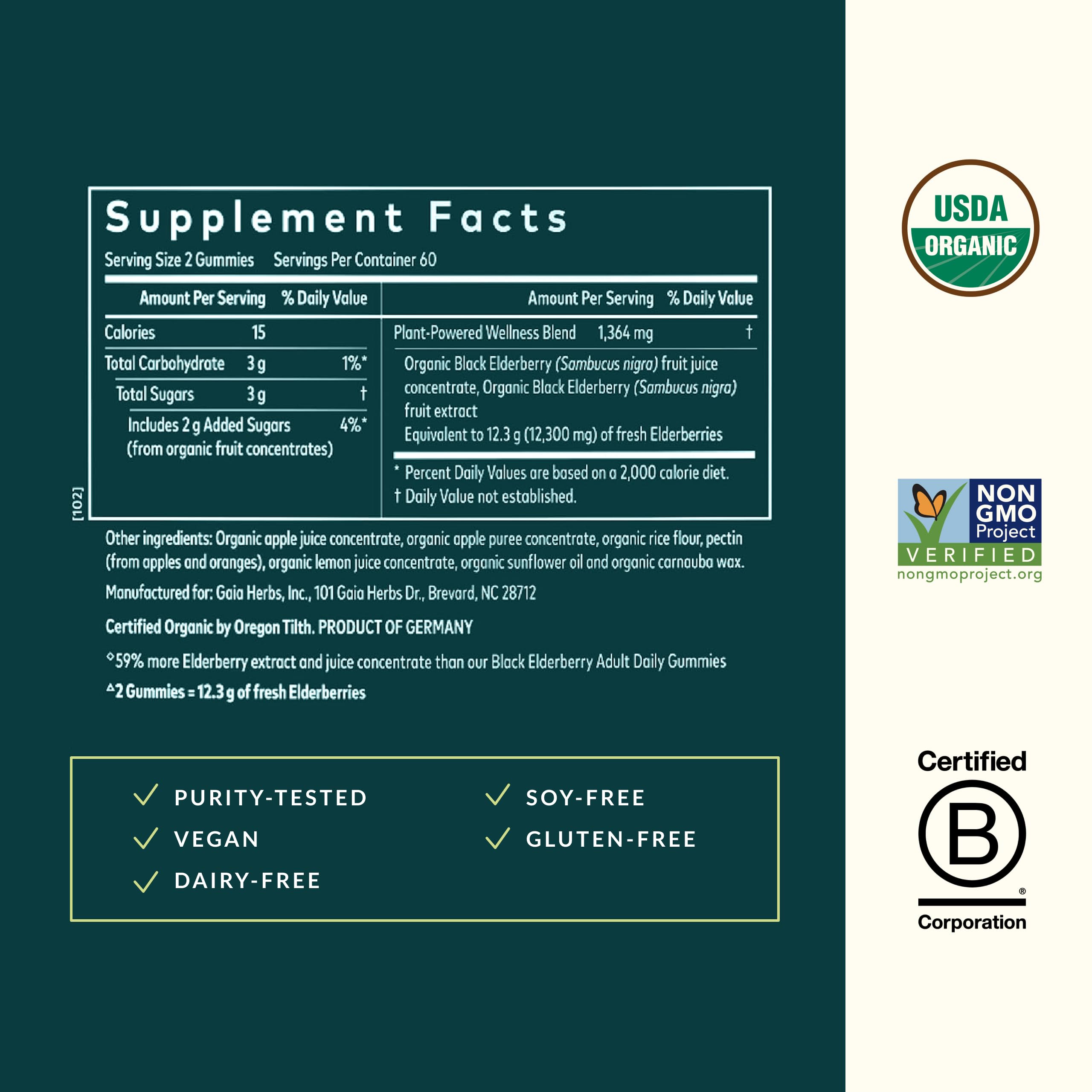 Gaia Herbs USDA Organic elderberries logo emphasizing organic quality and accountability