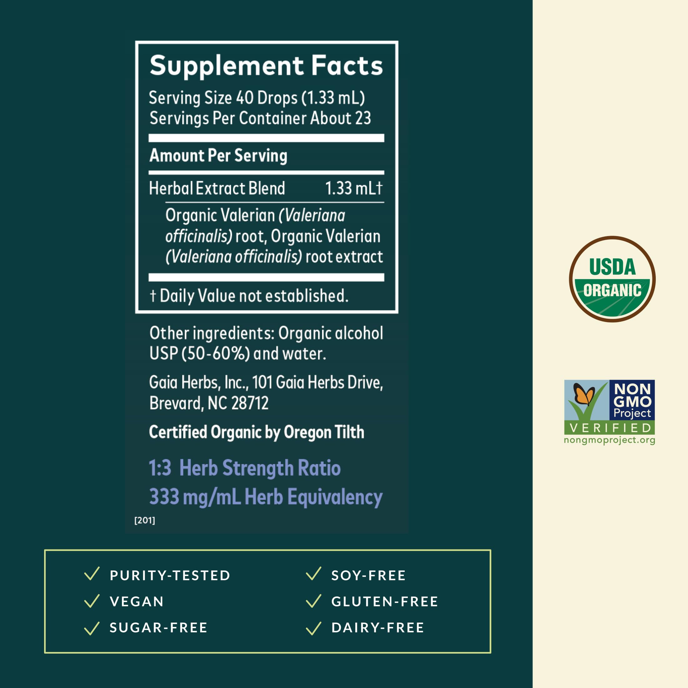 Gaia Herbs Valerian Root packaging label highlights organic, vegan ingredients.