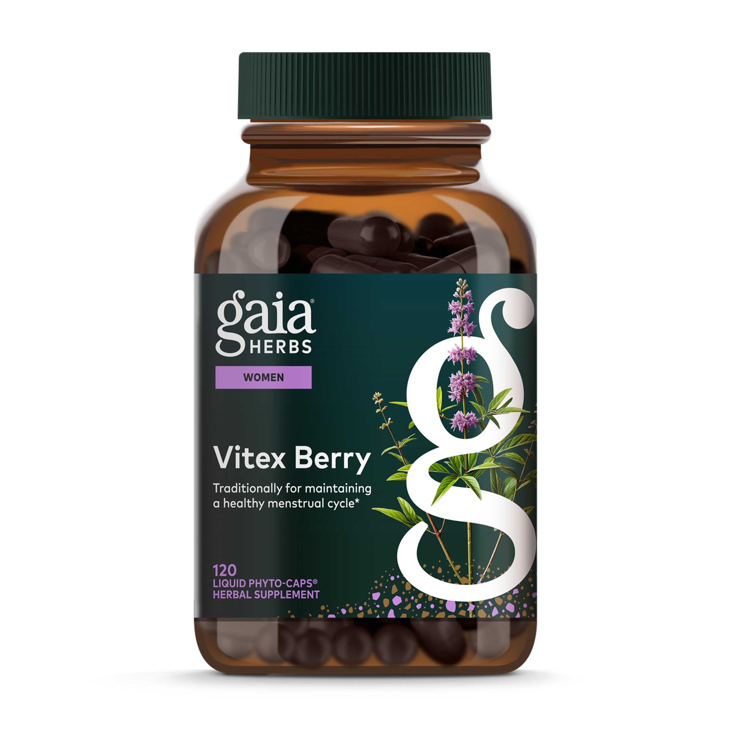 Gaia Herbs Vitex Berry bottle showing clearly labeled capsules for daily dietary support.