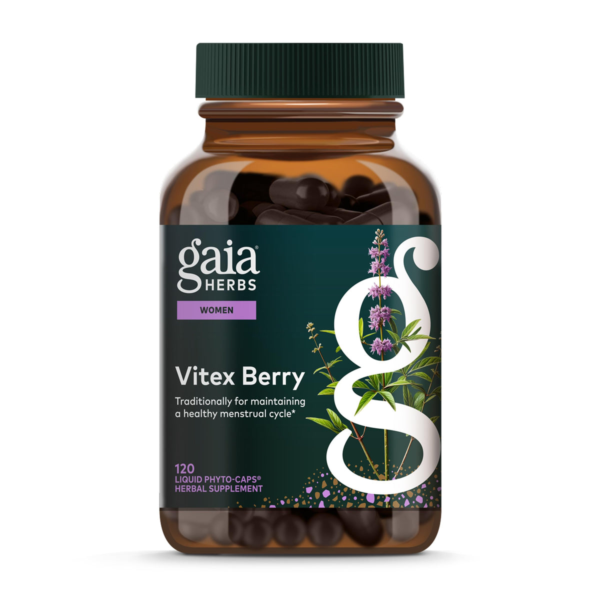 Gaia Herbs Vitex Berry bottle showing clearly labeled capsules for daily dietary support.