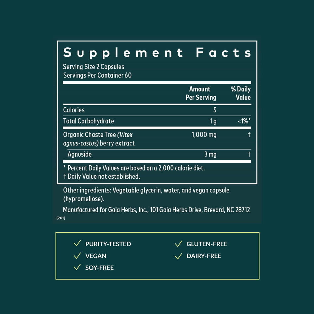 Gaia Herbs Vitex Berry capsules displayed for convenient daily use.