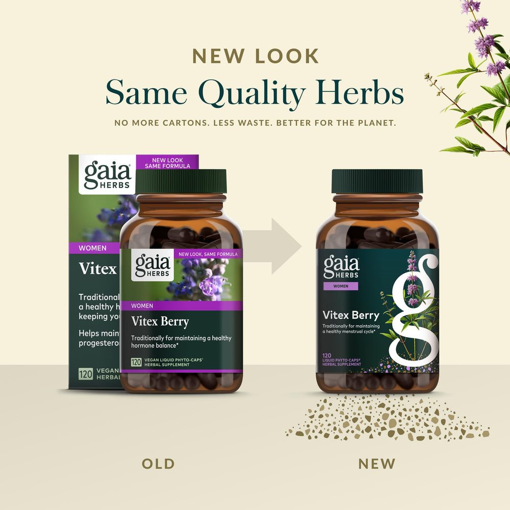 Gaia Herbs Vitex Berry bottle seal indicating quality from soil to supplement.