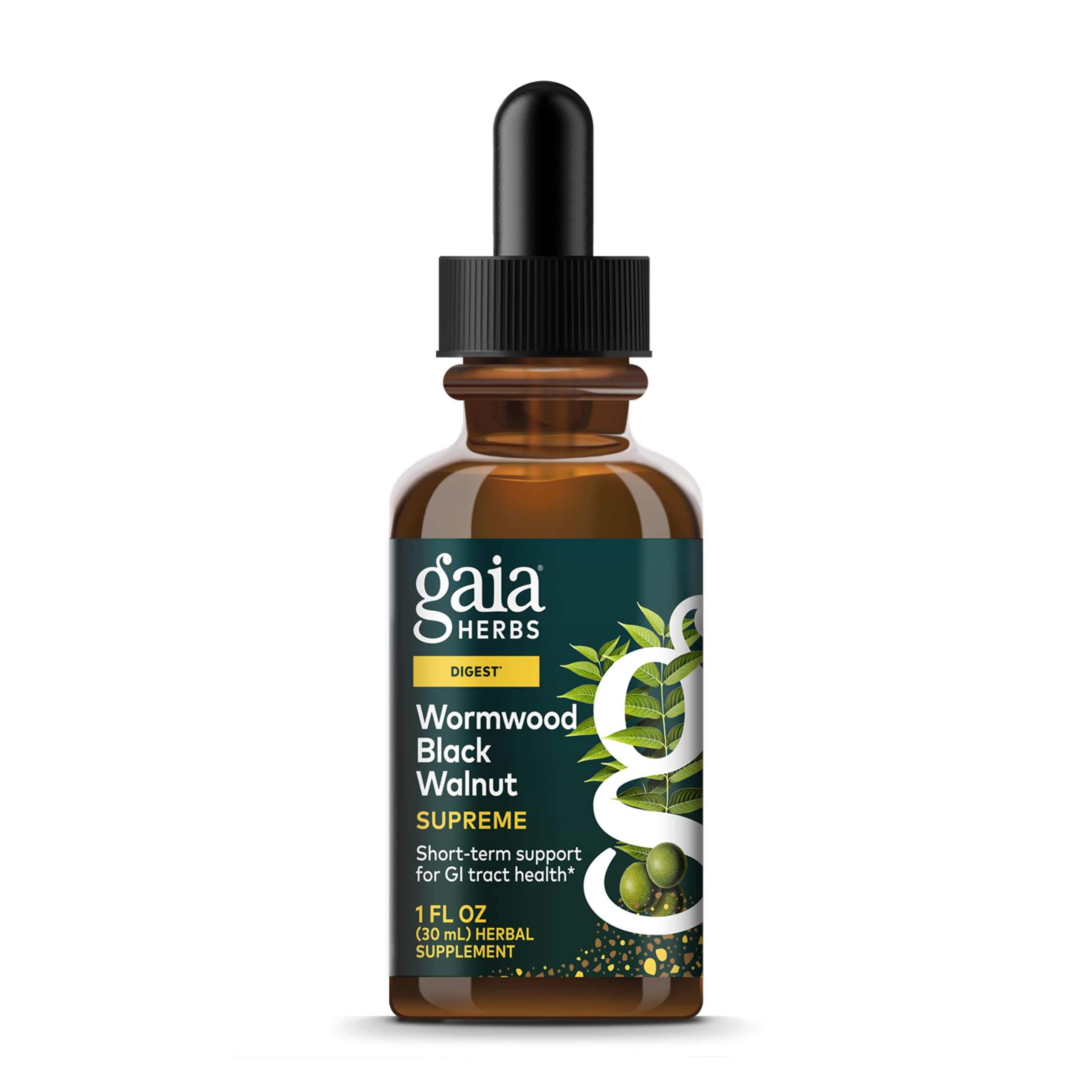 Gaia Herbs Wormwood Black Walnut Supreme bottle pour for convenient digestive comfort