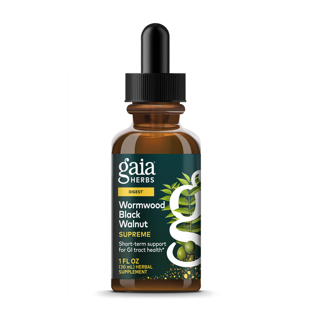 Gaia Herbs Wormwood Black Walnut Supreme bottle pour for convenient digestive comfort