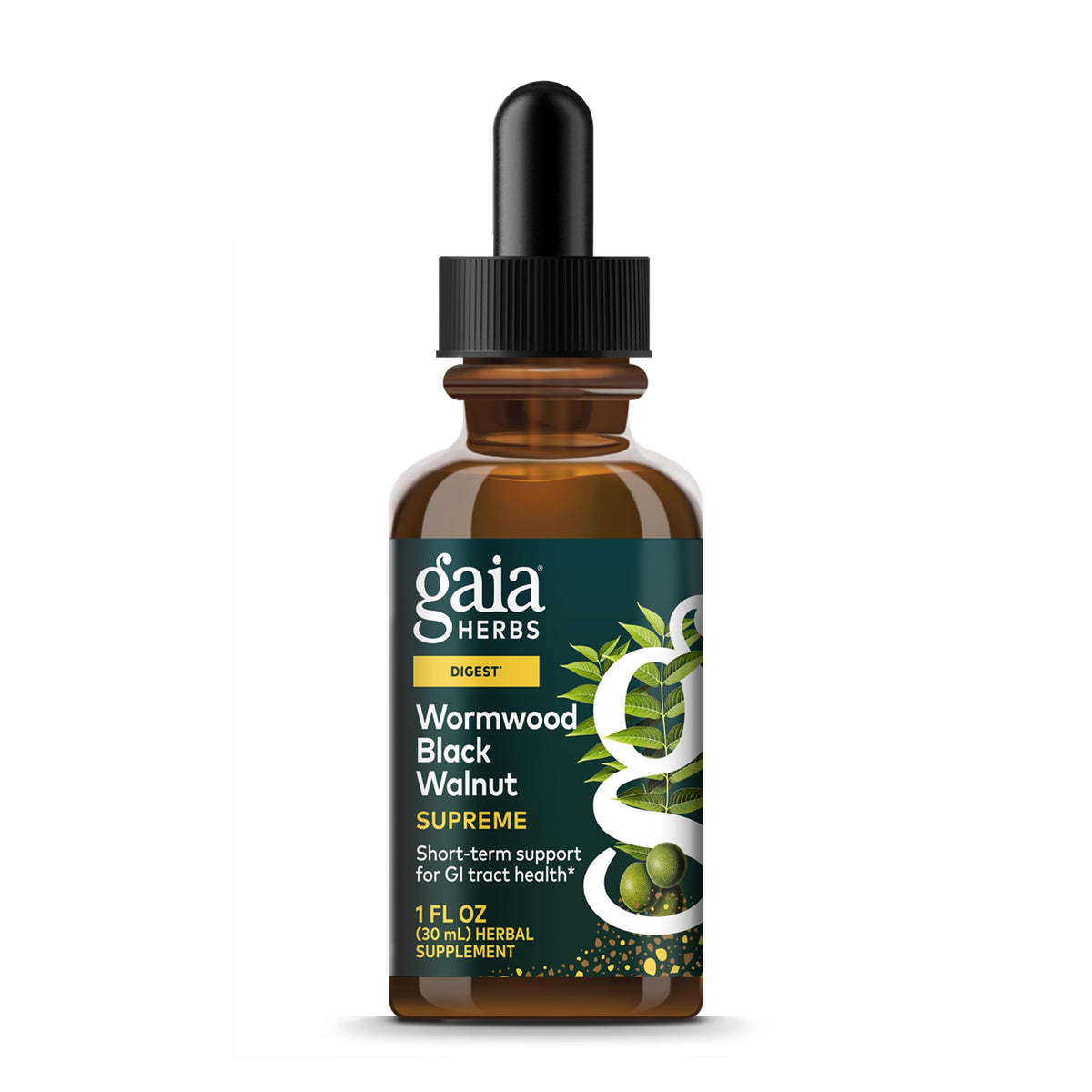 Gaia Herbs Wormwood Black Walnut Supreme bottle pour for convenient digestive comfort