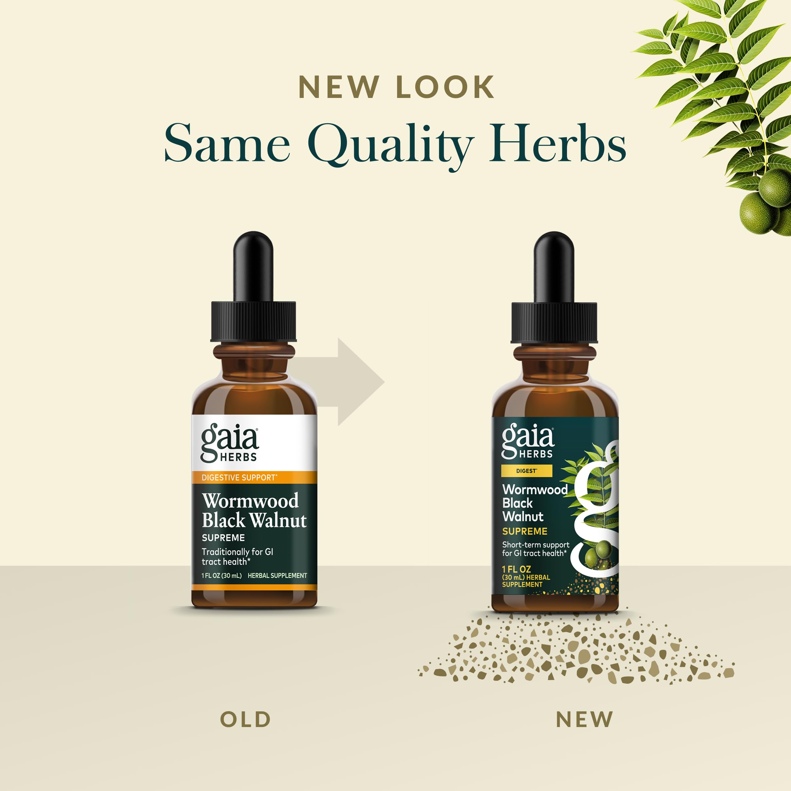 Gaia Herbs Wormwood Black Walnut Supreme ingredients closeup highlights gluten-free, dairy-free, soy-free blend