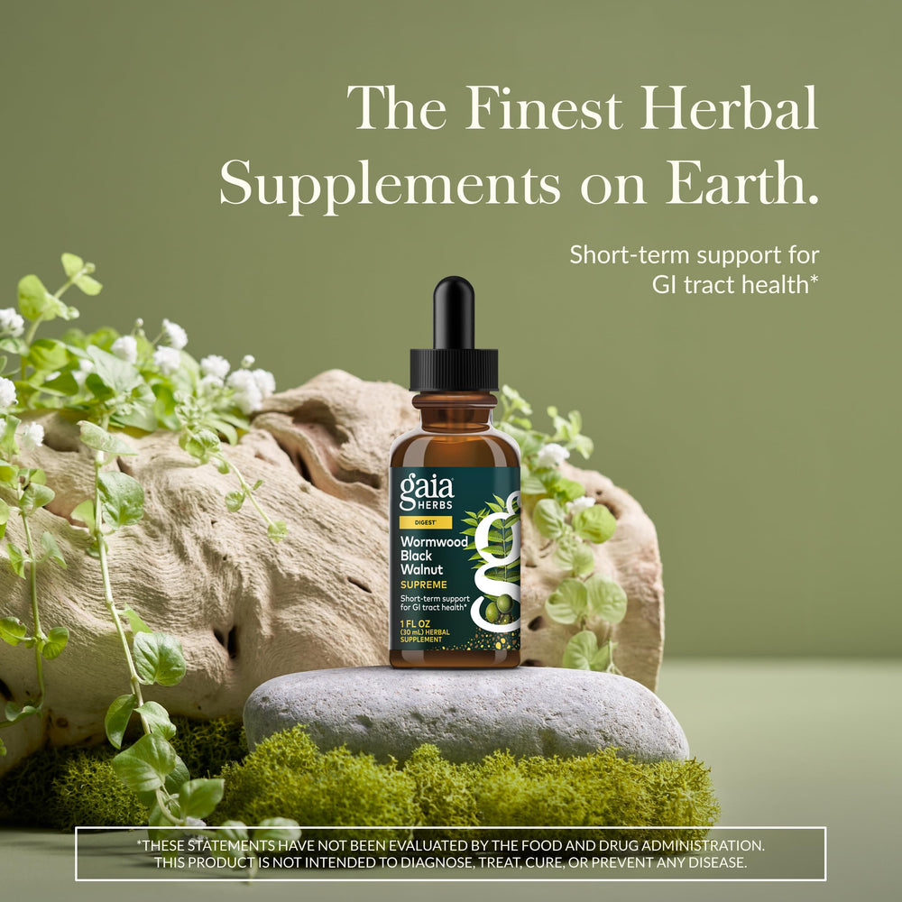 Gaia Herbs Wormwood Black Walnut Supreme label closeup shows pure herbal ingredients