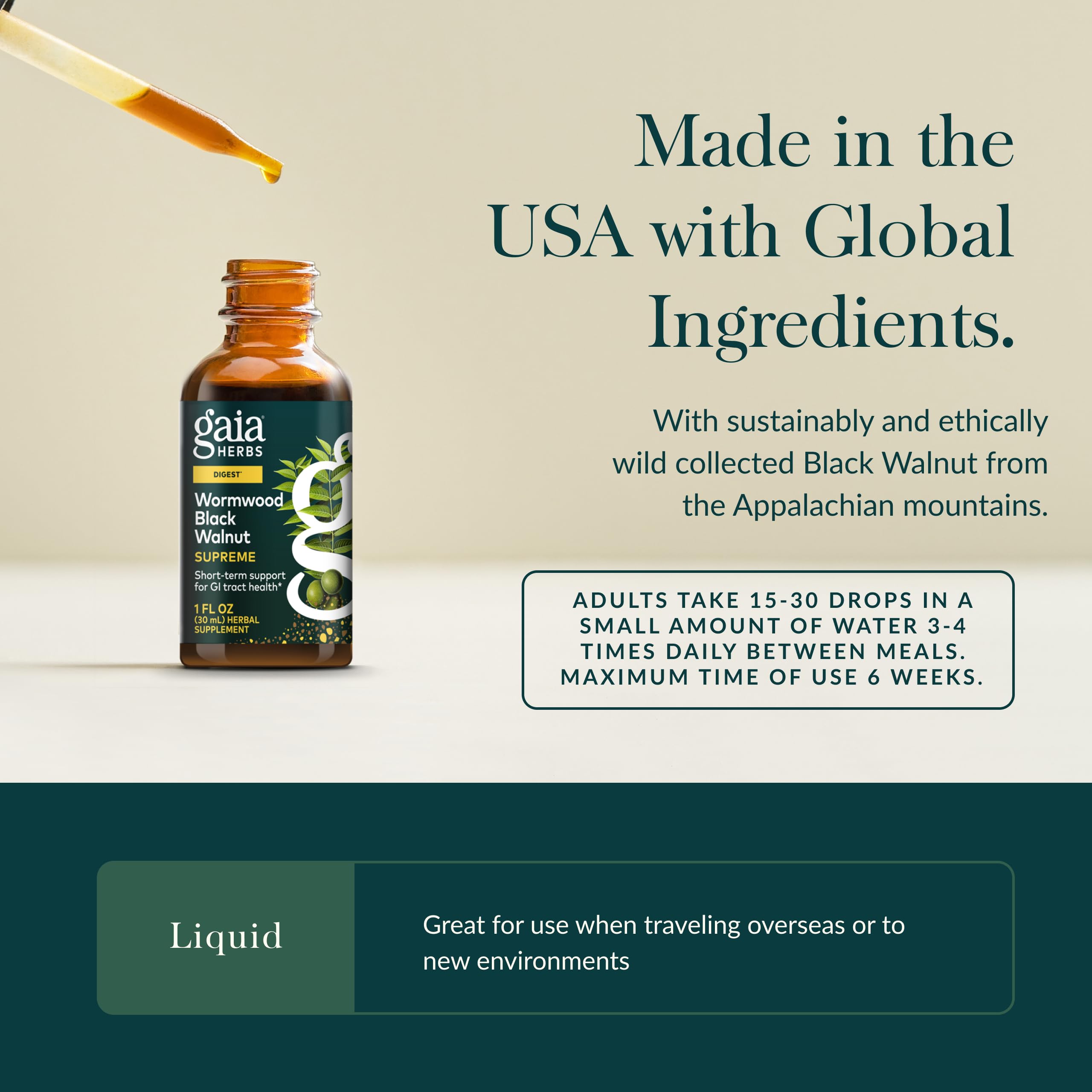 Gaia Herbs Wormwood Black Walnut Supreme liquid extract in amber bottle