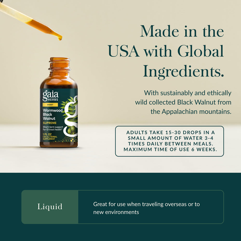 Gaia Herbs Wormwood Black Walnut Supreme liquid extract in amber bottle