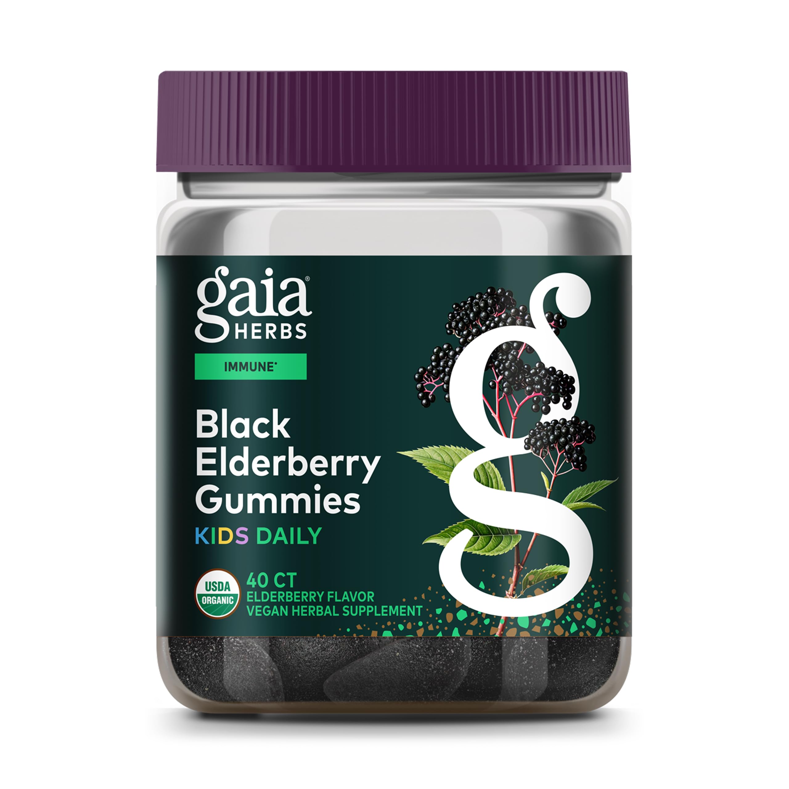 Gaia Herbs GaiaKids Black Elderberry daily gummies bottle highlighting kid friendly immune support