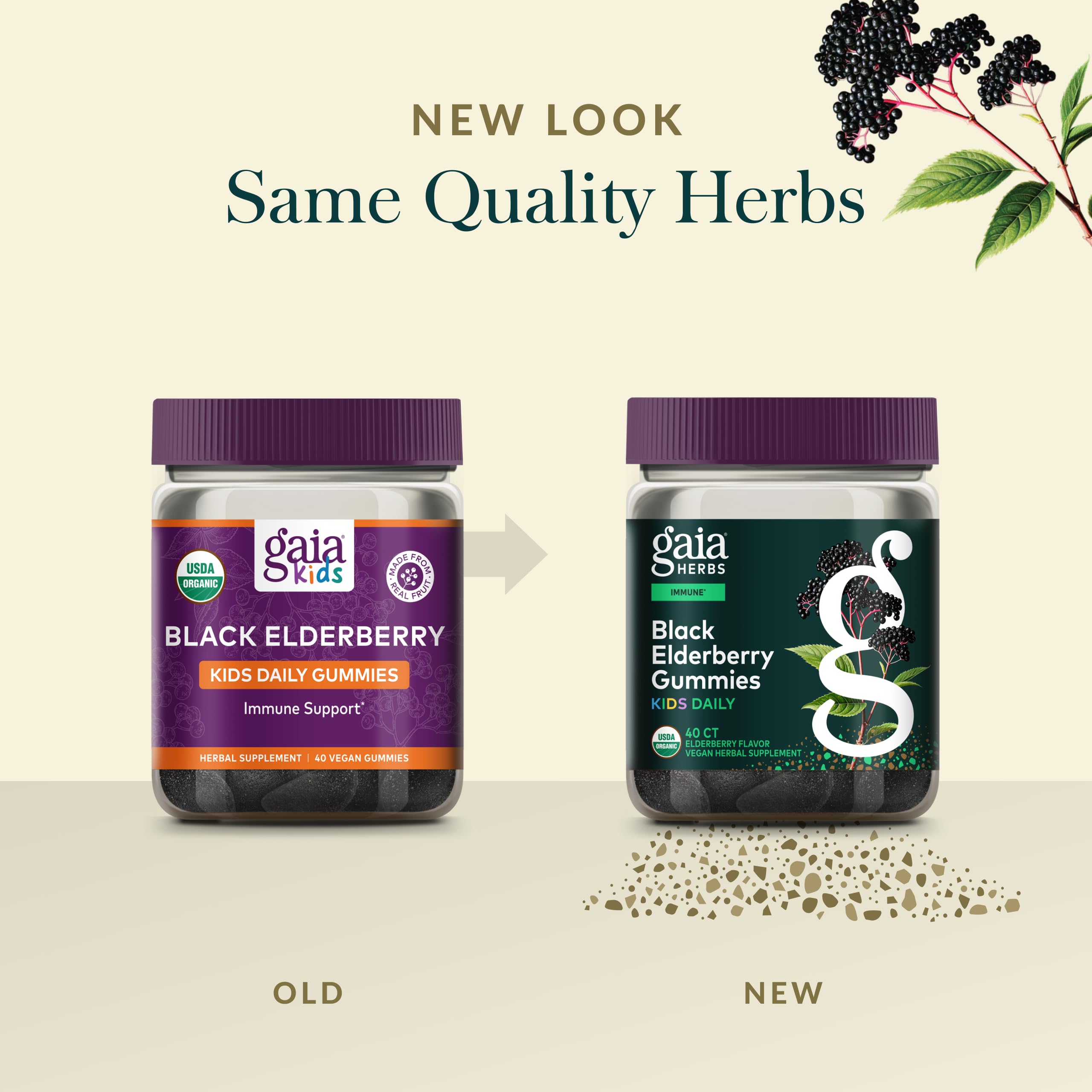 GaiaKids vegan gummies shown in amber bottle highlight clean labeling