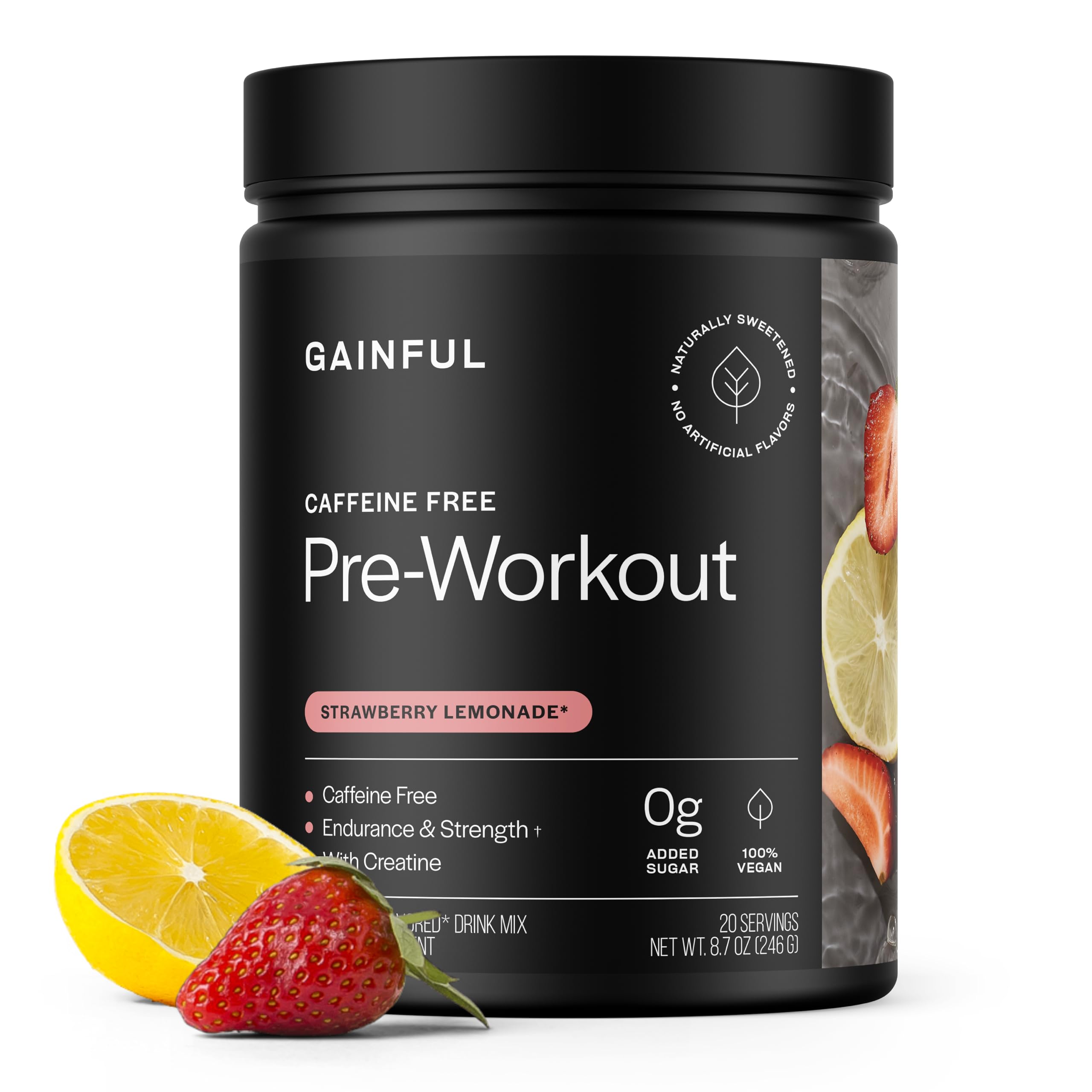 Gainful caffeine-free pre-workout powder bottle for caffeine-free workout energy.