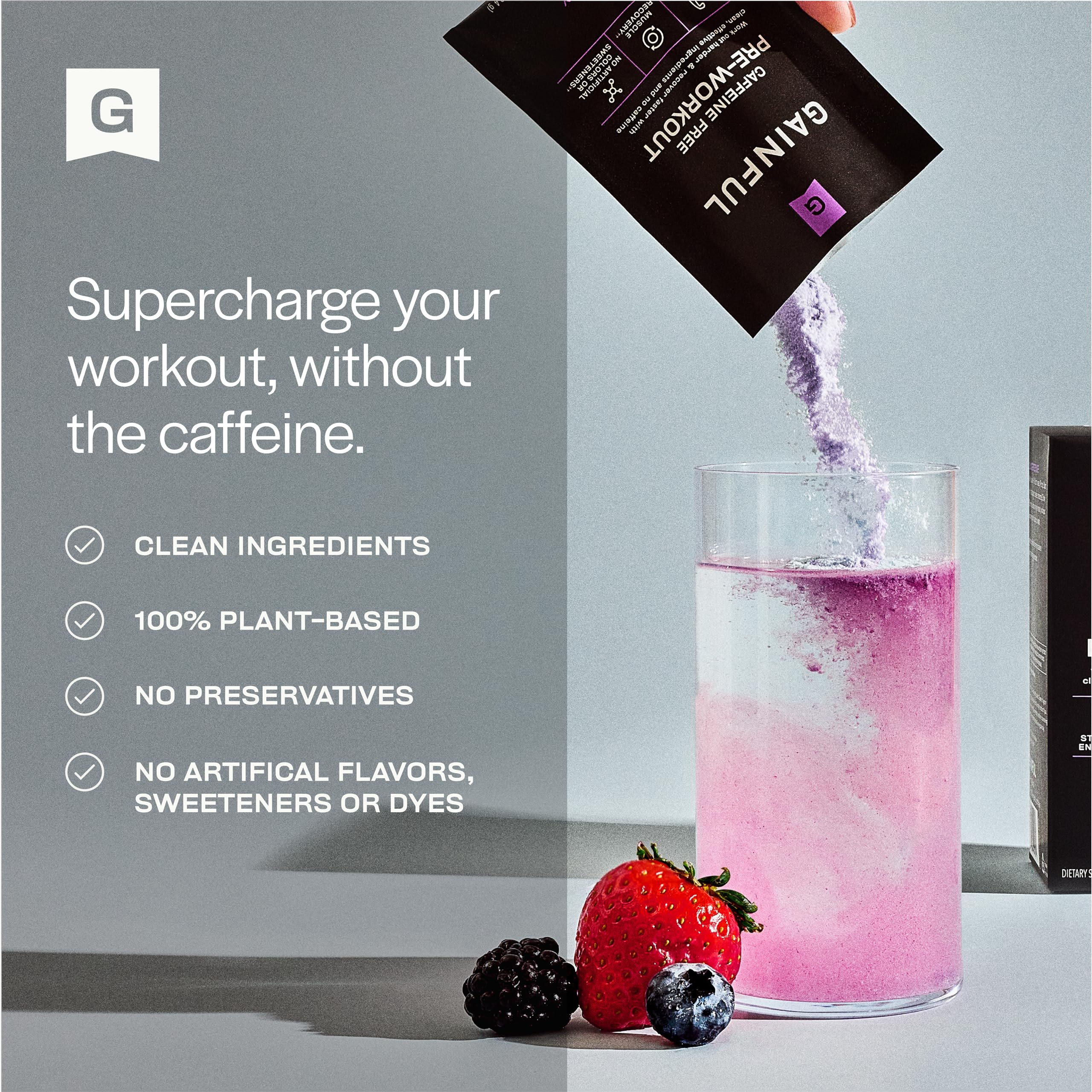 Gainful pre-workout bottle with powder ready to mix in water.
