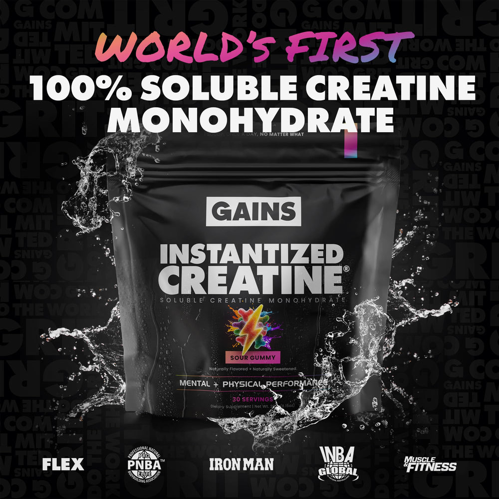 Gains in Bulk instantized creatine powder dissolves clear in water for easy mixing.