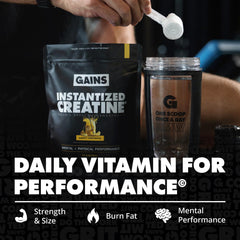 Gains in Bulk creatine bottle near athlete emphasizes strength and endurance support
