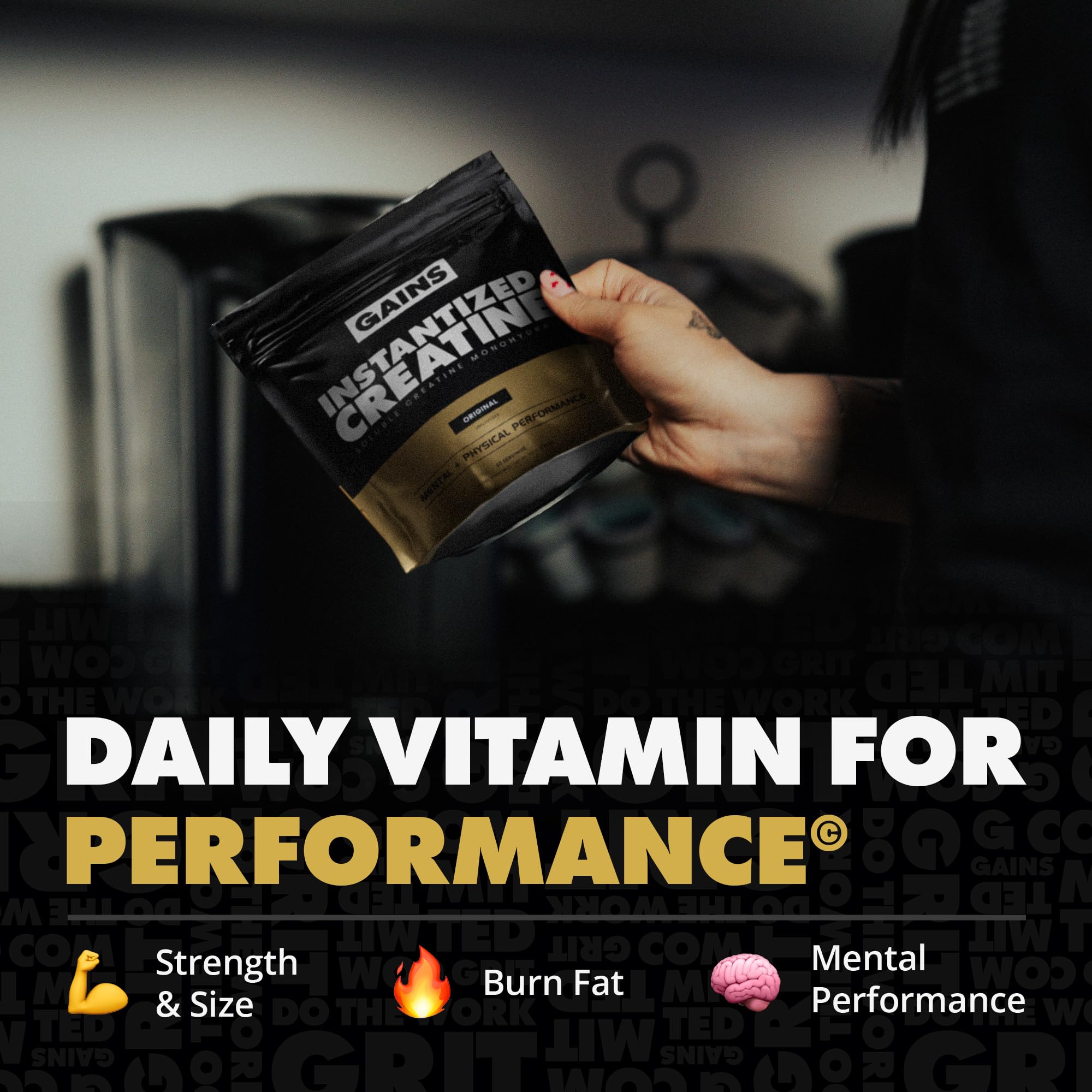 Gains in Bulk creatine bottle label highlights third-party testing for purity.