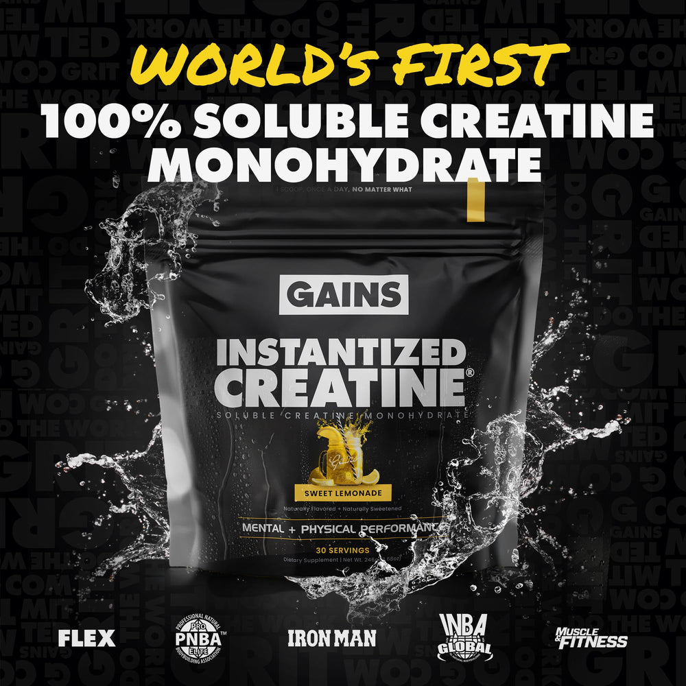 Gains in Bulk creatine powder mixed in water shows clear solution with no bloating