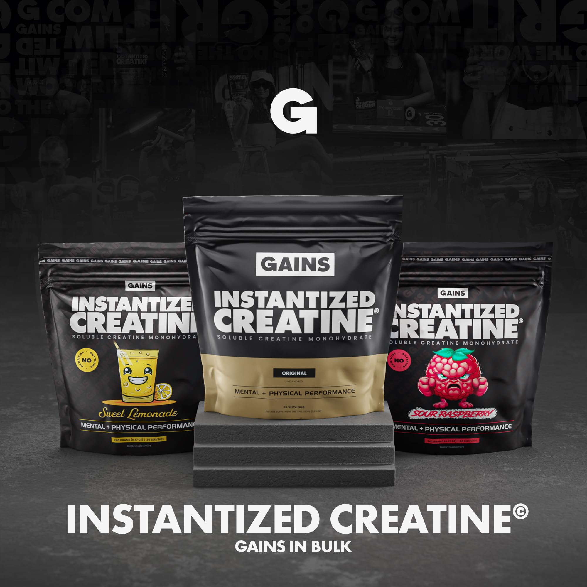 Gains in Bulk product shown with gym setting to convey training support.