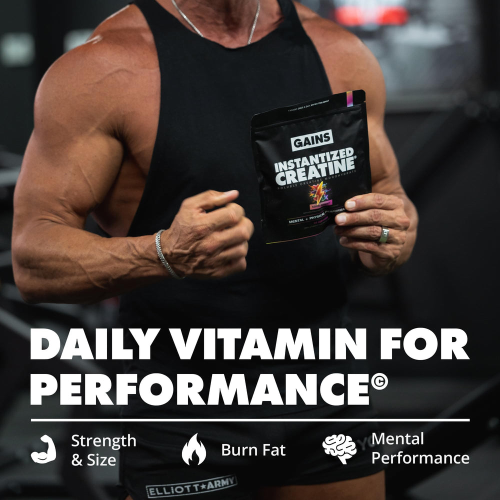 Gains in Bulk creatine powder with pre-measured 5 g scoop for precise dosing.