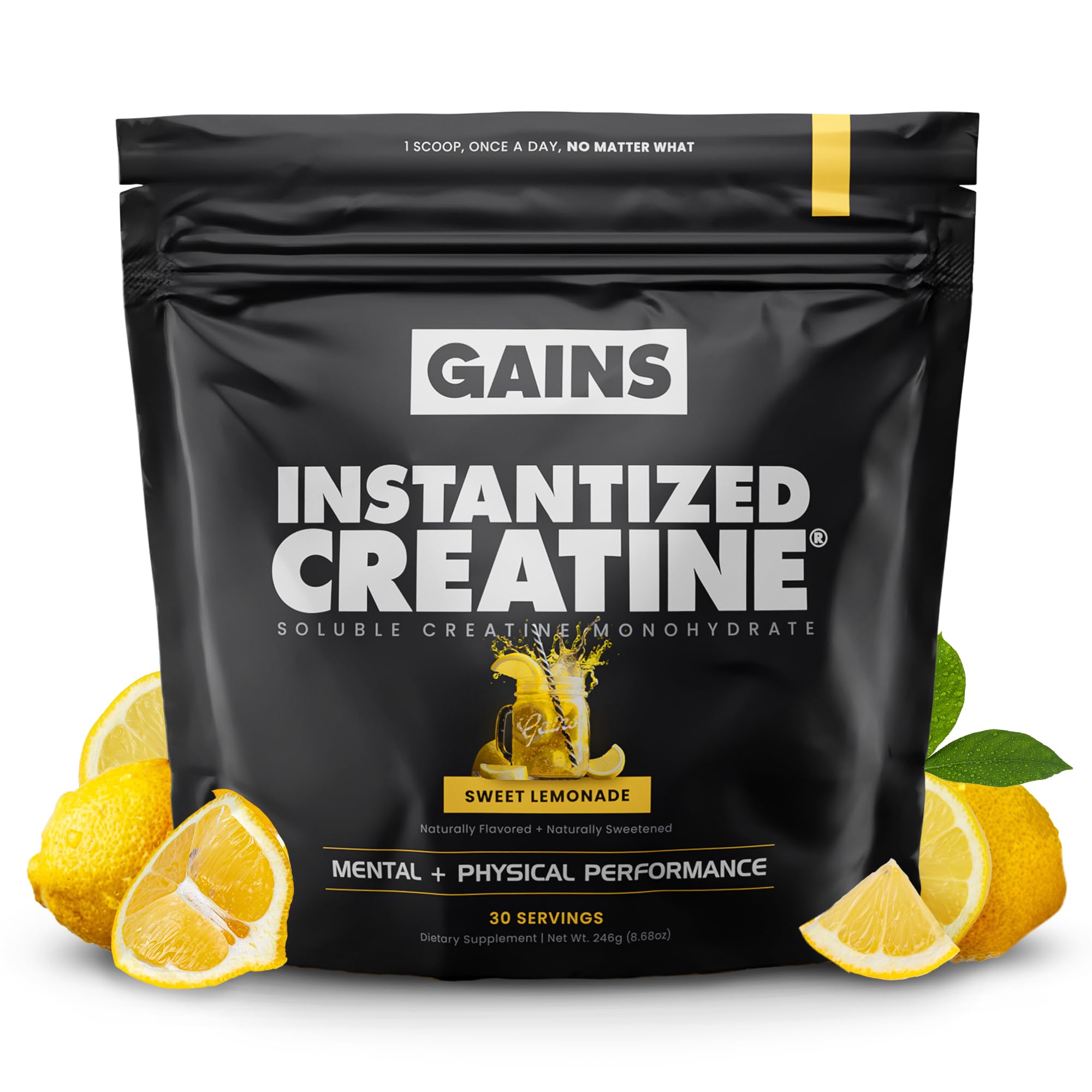 Gains in Bulk Instantized Creatine bottle demonstrates fast dissolving formula for easy mixing