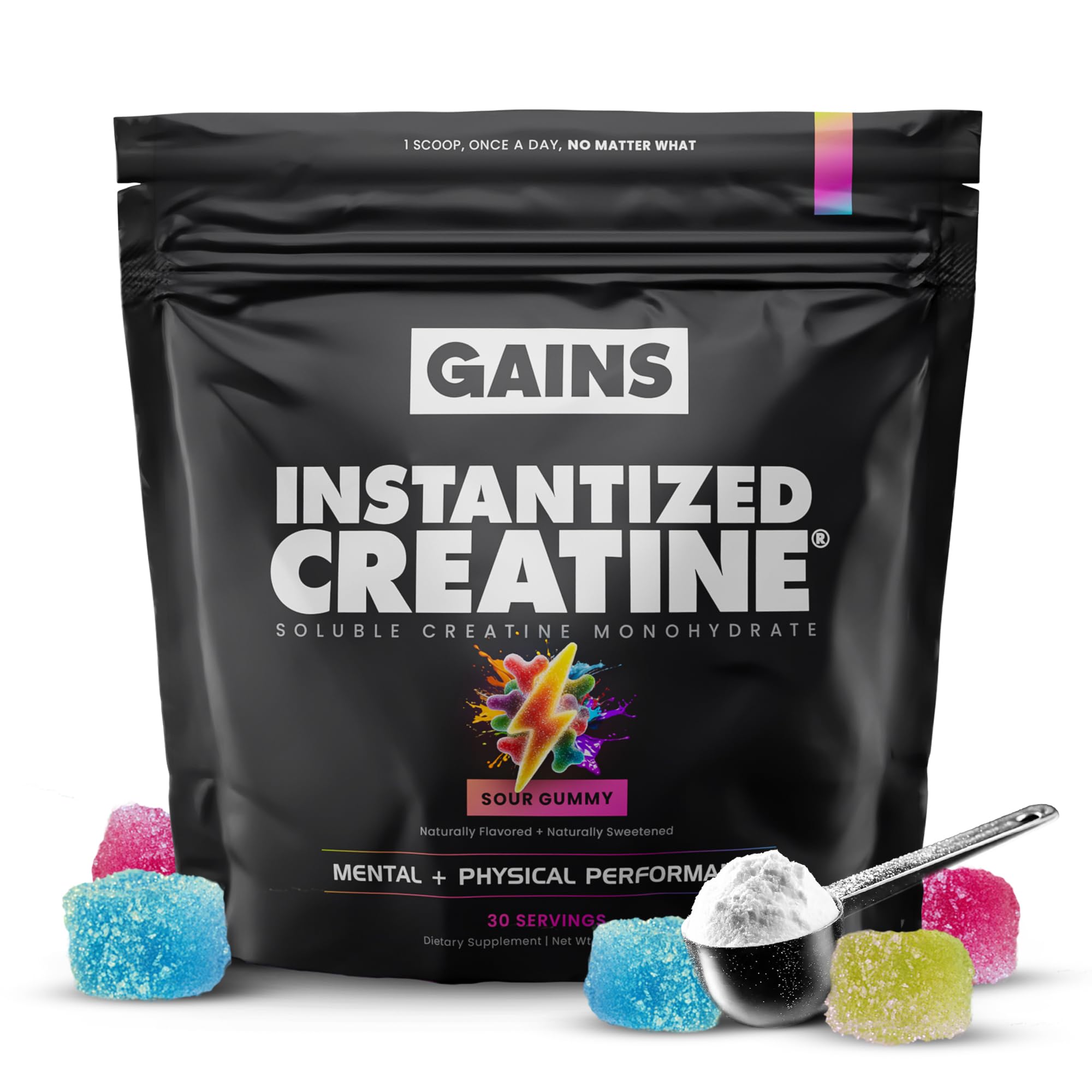 Gains in Bulk Instantized Creatine Sour Gummy tub for lean muscle support.