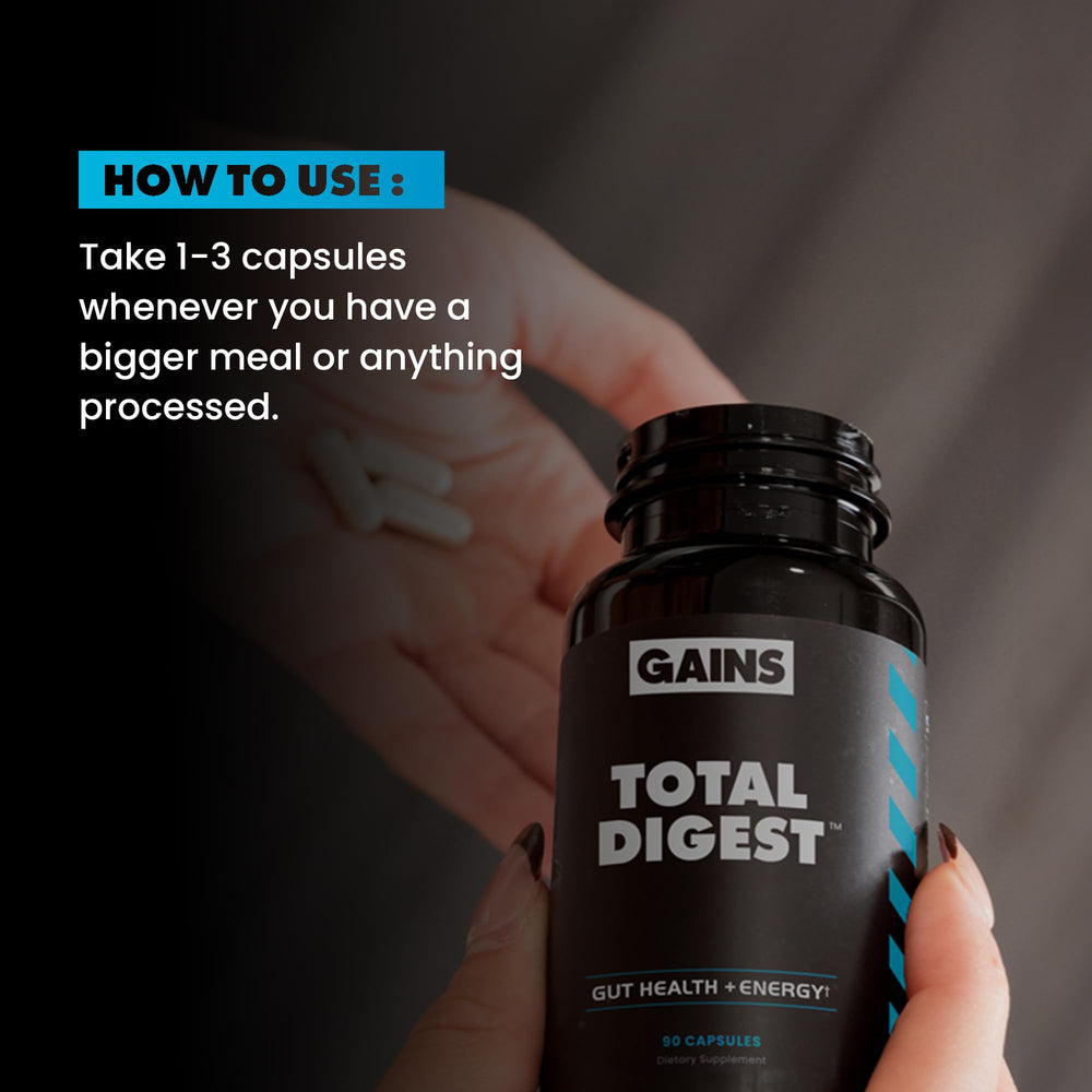 GAINS IN BULK Total Digest dietary facts highlight nutrient absorption potential.