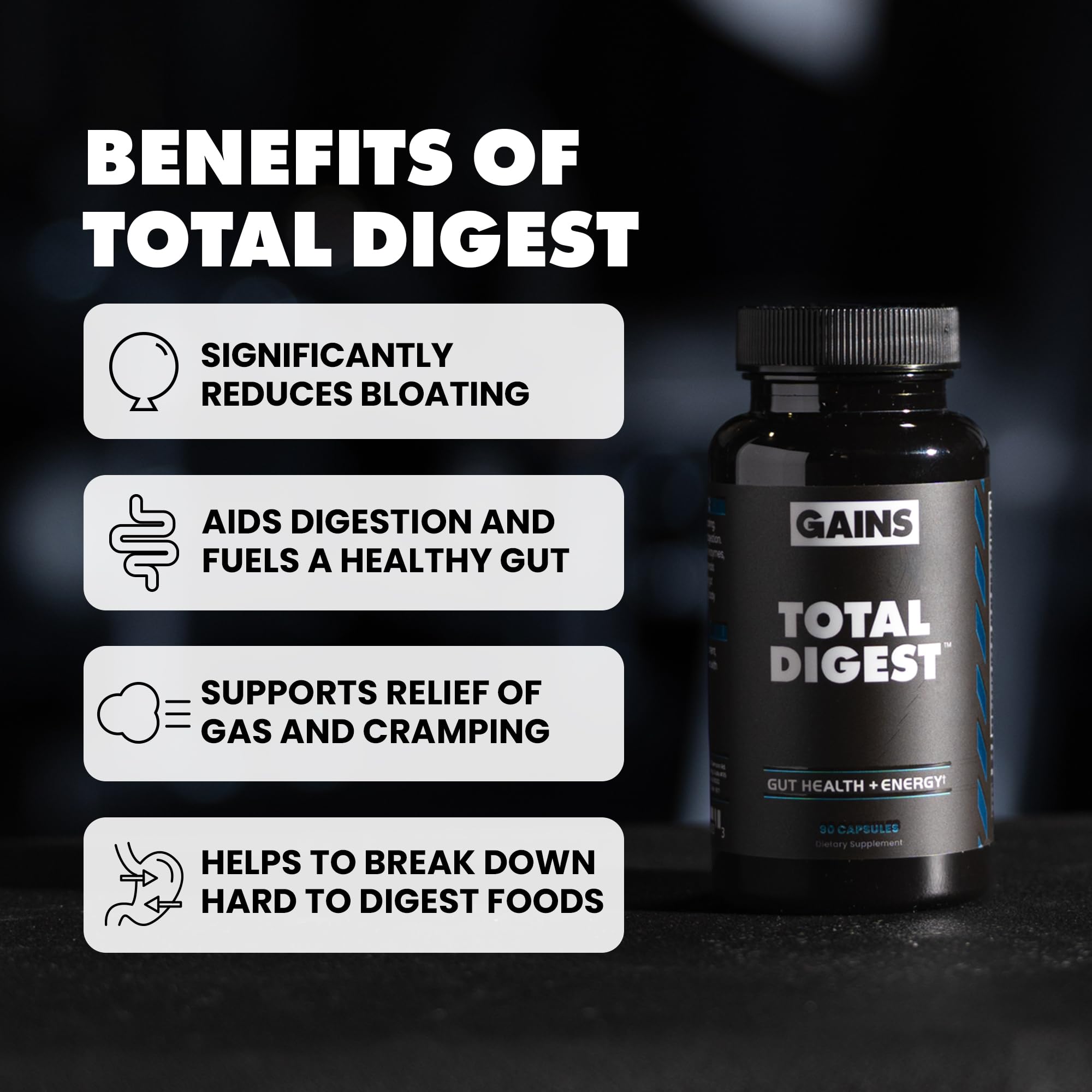 GAINS IN BULK Total Digest ingredients chart lists 16 enzymes clearly.