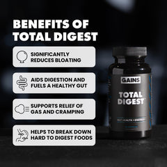 GAINS IN BULK Total Digest ingredients chart lists 16 enzymes clearly.
