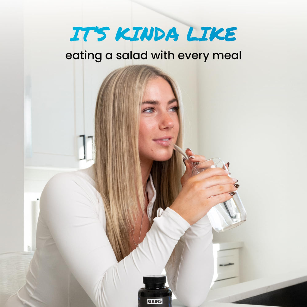 GAINS IN BULK Total Digest lifestyle imagery suggests daily use.
