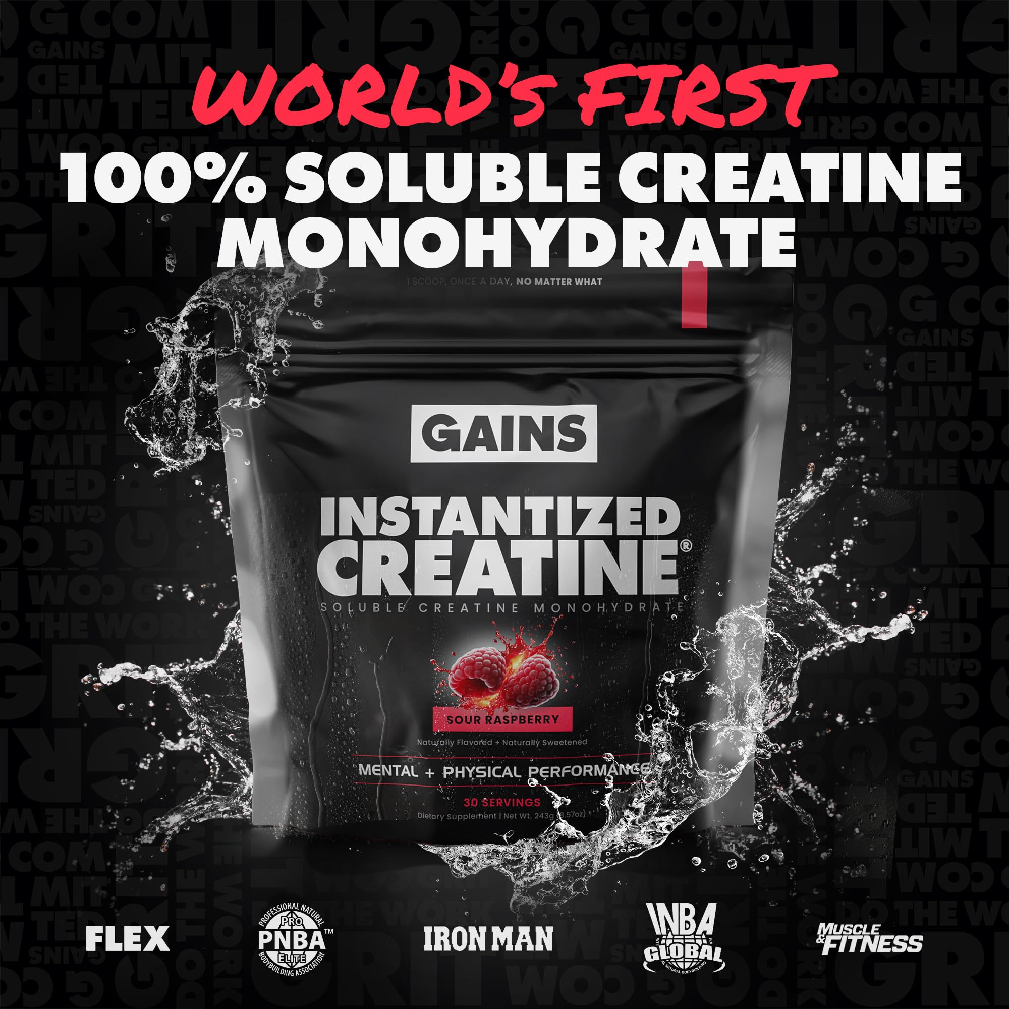GAINS IN BULK Creatine dissolves in water for a clear, gut-friendly shake.