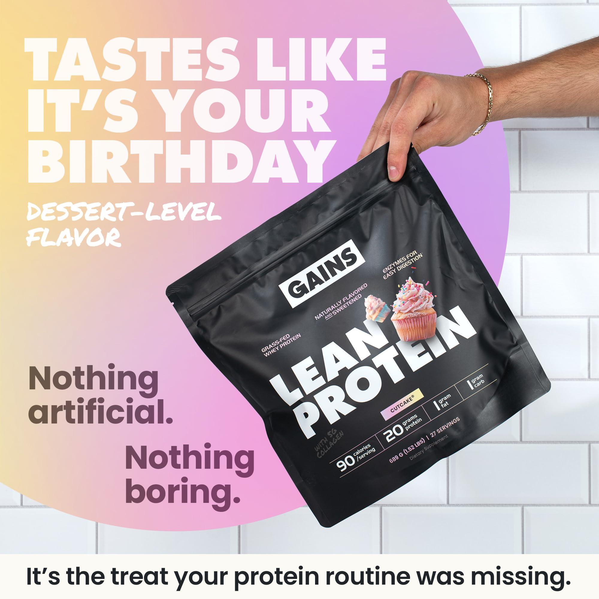 Gains in Bulk Cut Cake protein jar close-up showing natural flavoring