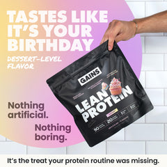 Gains in Bulk Cut Cake protein jar close-up showing natural flavoring