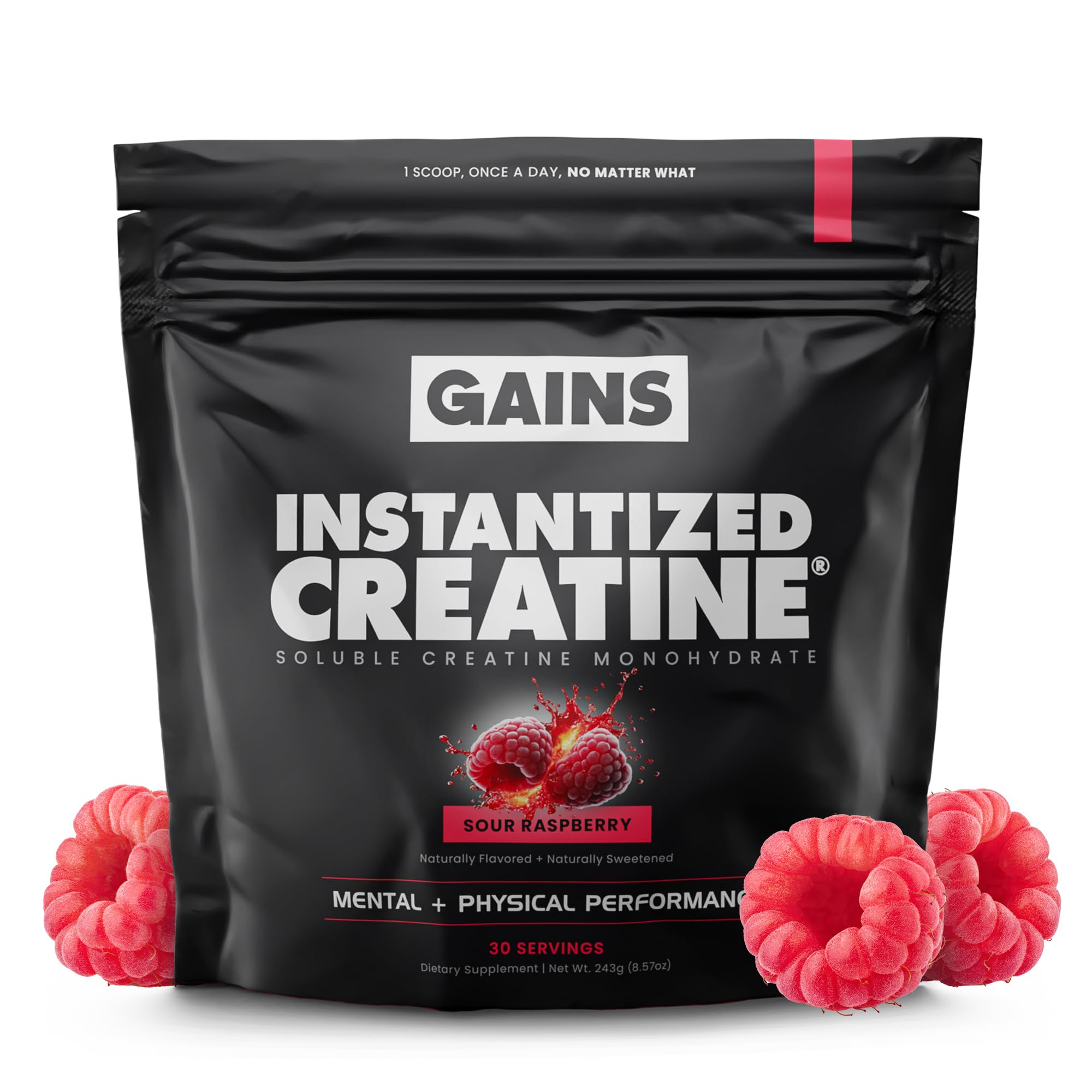 GAINS IN BULK Instantized Creatine powder with scoop for precise daily dosing and smooth mixing.