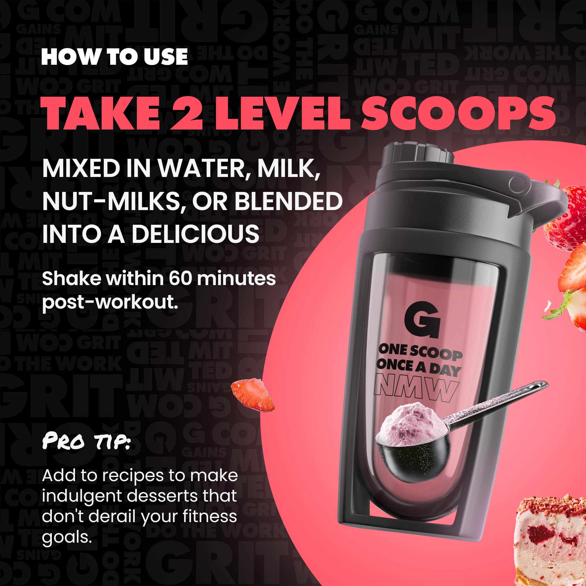 GAINSINBULK protein shake being poured into glass for quick, versatile meals