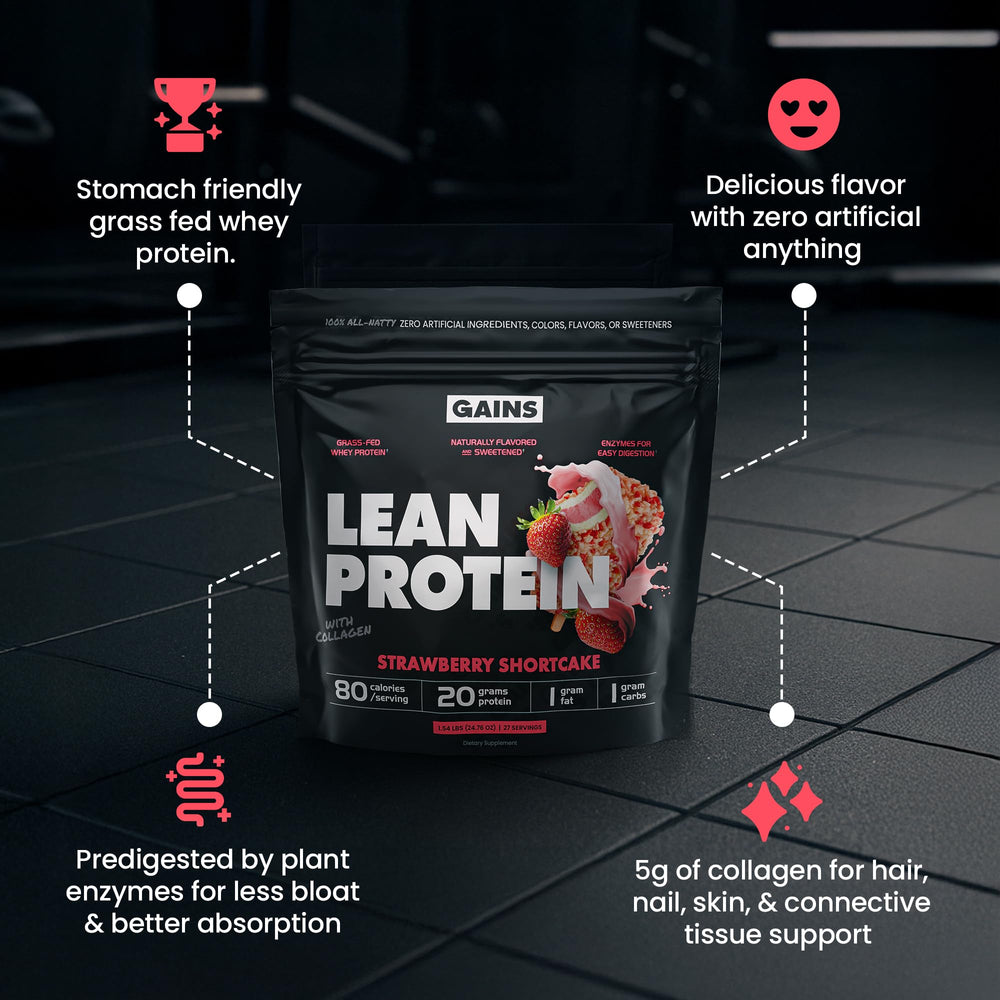 GAINSINBULK strawberry shortcake powder jar showcases premium flavor and protein blend