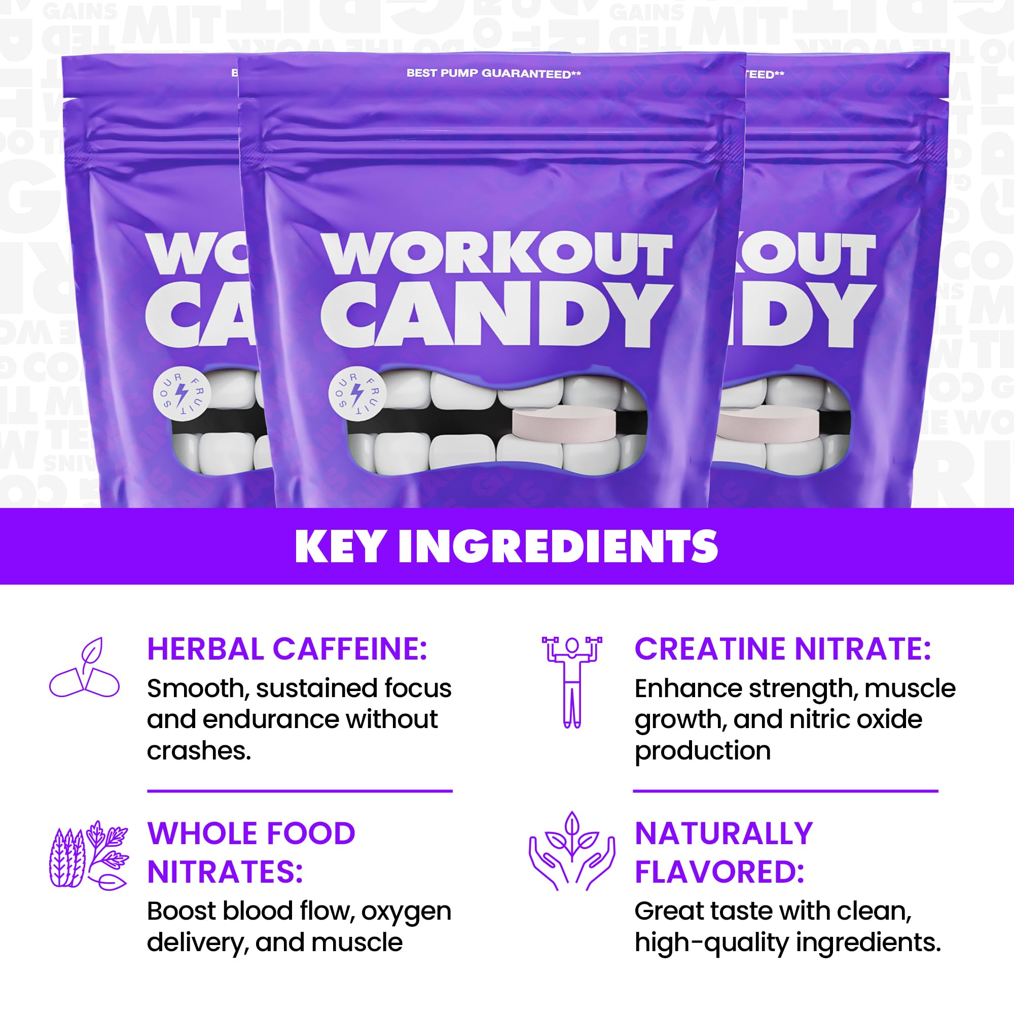 GAINS IN BULK caffeine micro-dose icon shows 30 mg for steady energy.