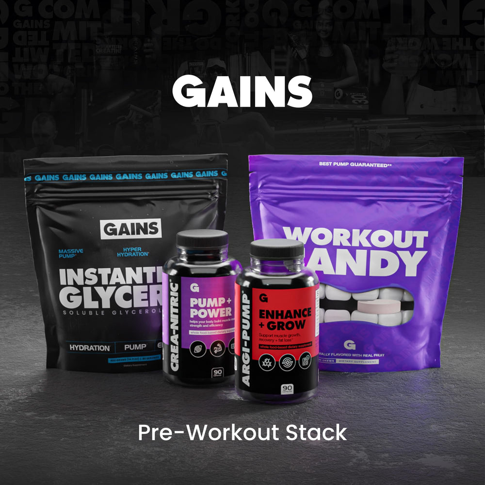 GAINS IN BULK chews displayed as pre-workout ritual on desk.
