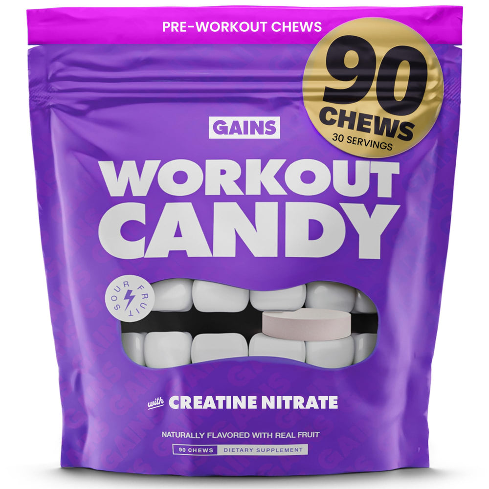 GAINS IN BULK Workout Candy packaging highlights 90 vegetarian chews for on-the-go energy.