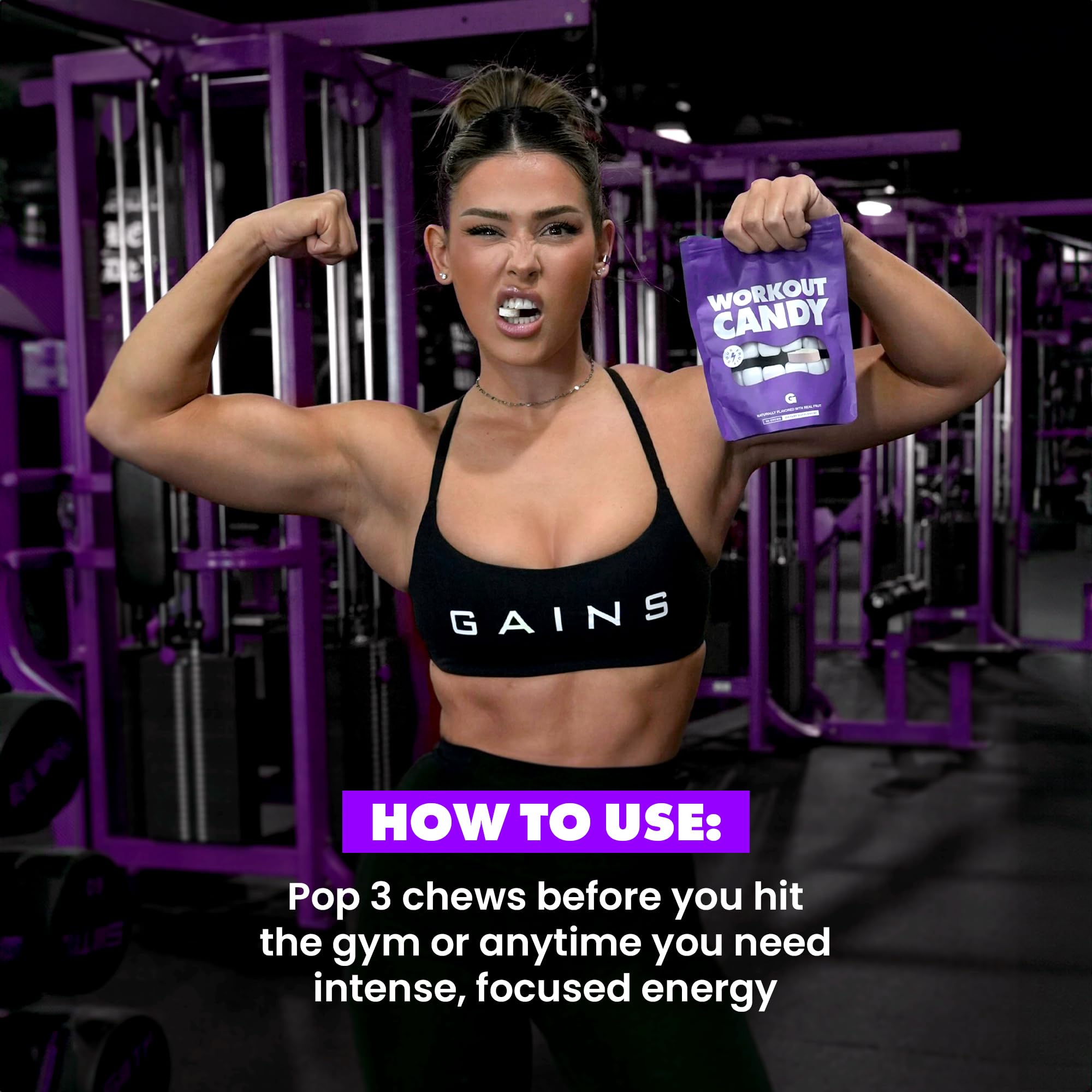 GAINS IN BULK Workout Candy sitting in gym bag ready pre-workout.