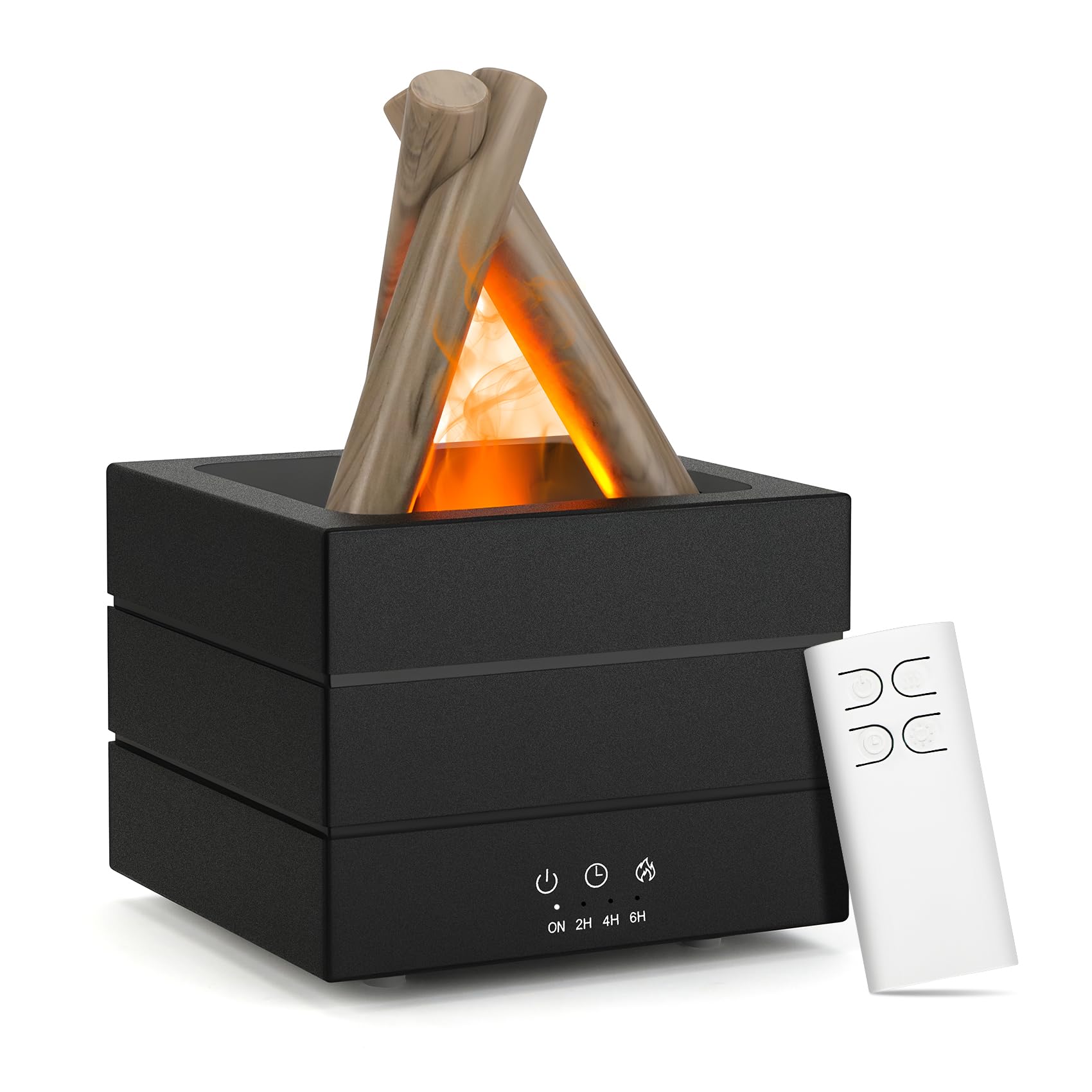 Gallkeat campfire flame diffuser glows warmly, creating cozy living room ambience.