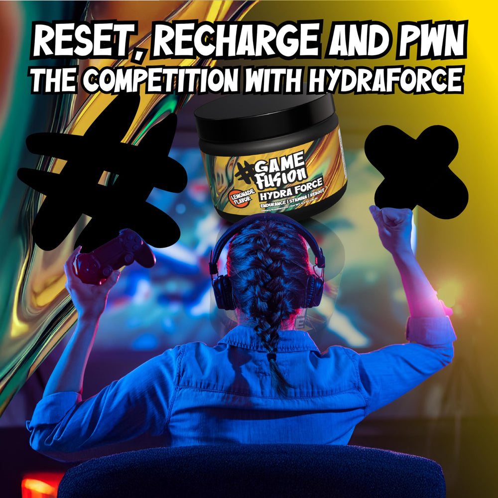 Gamefusion Hydra Force bottle beside gaming setup for longer sessions.