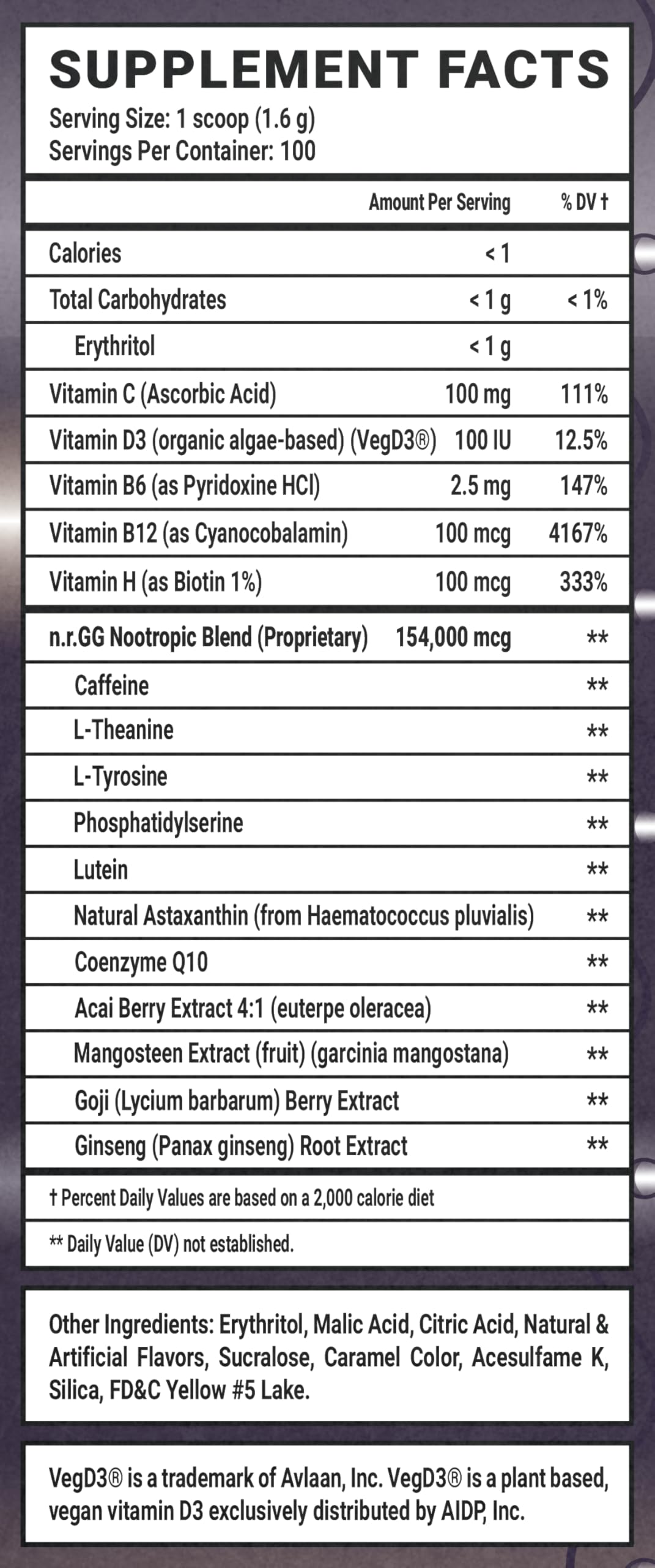 Gamer Supps GG Crusaderade mango tea nutrition label with vitamins