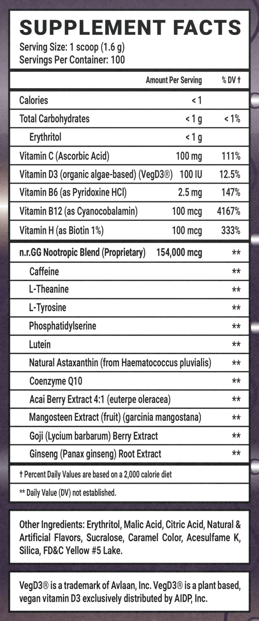 Gamer Supps GG Crusaderade mango tea nutrition label with vitamins