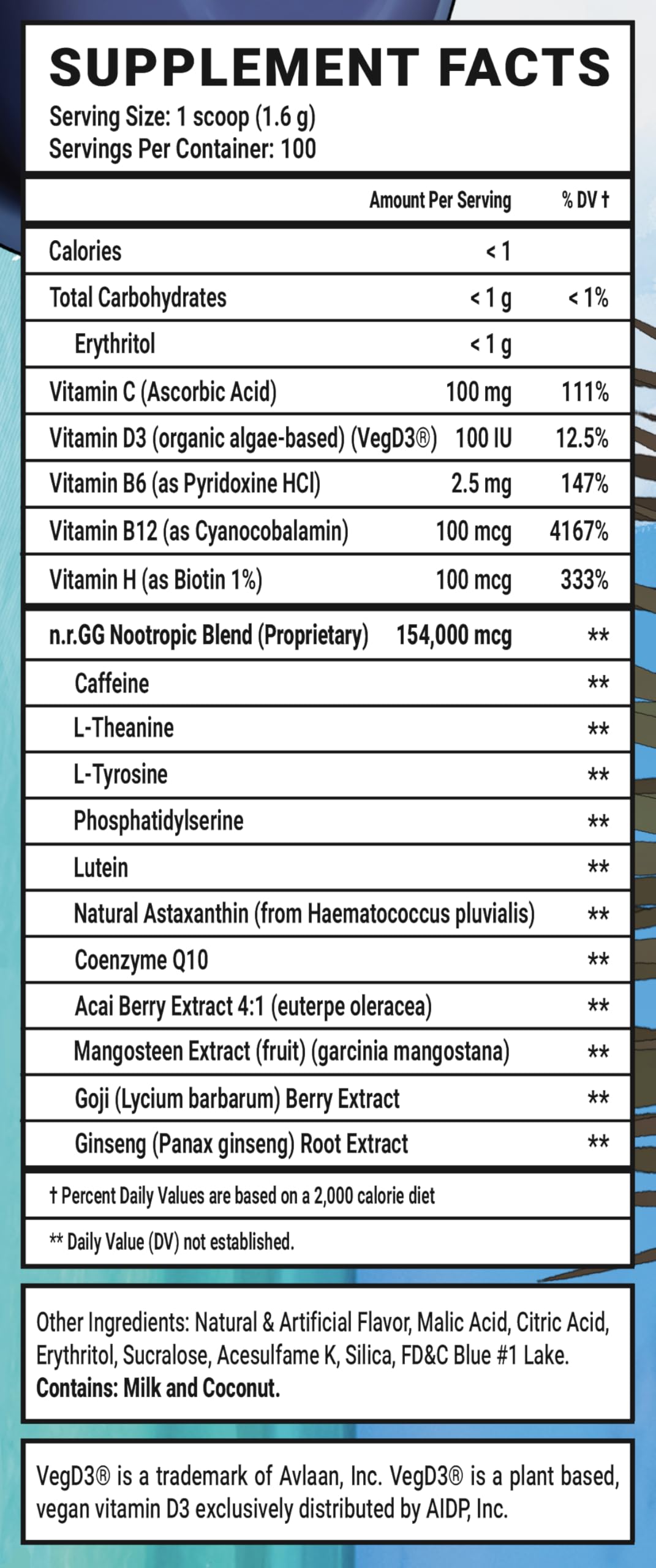Close-up of the label highlighting caffeine and nootropic blend for focused gaming.