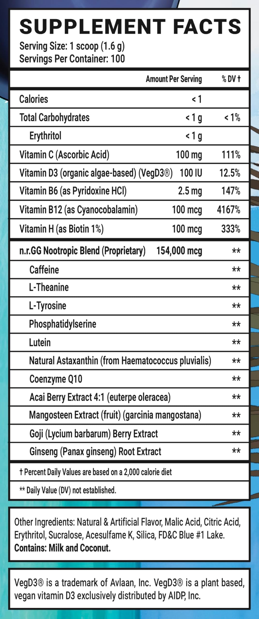 Close-up of the label highlighting caffeine and nootropic blend for focused gaming.