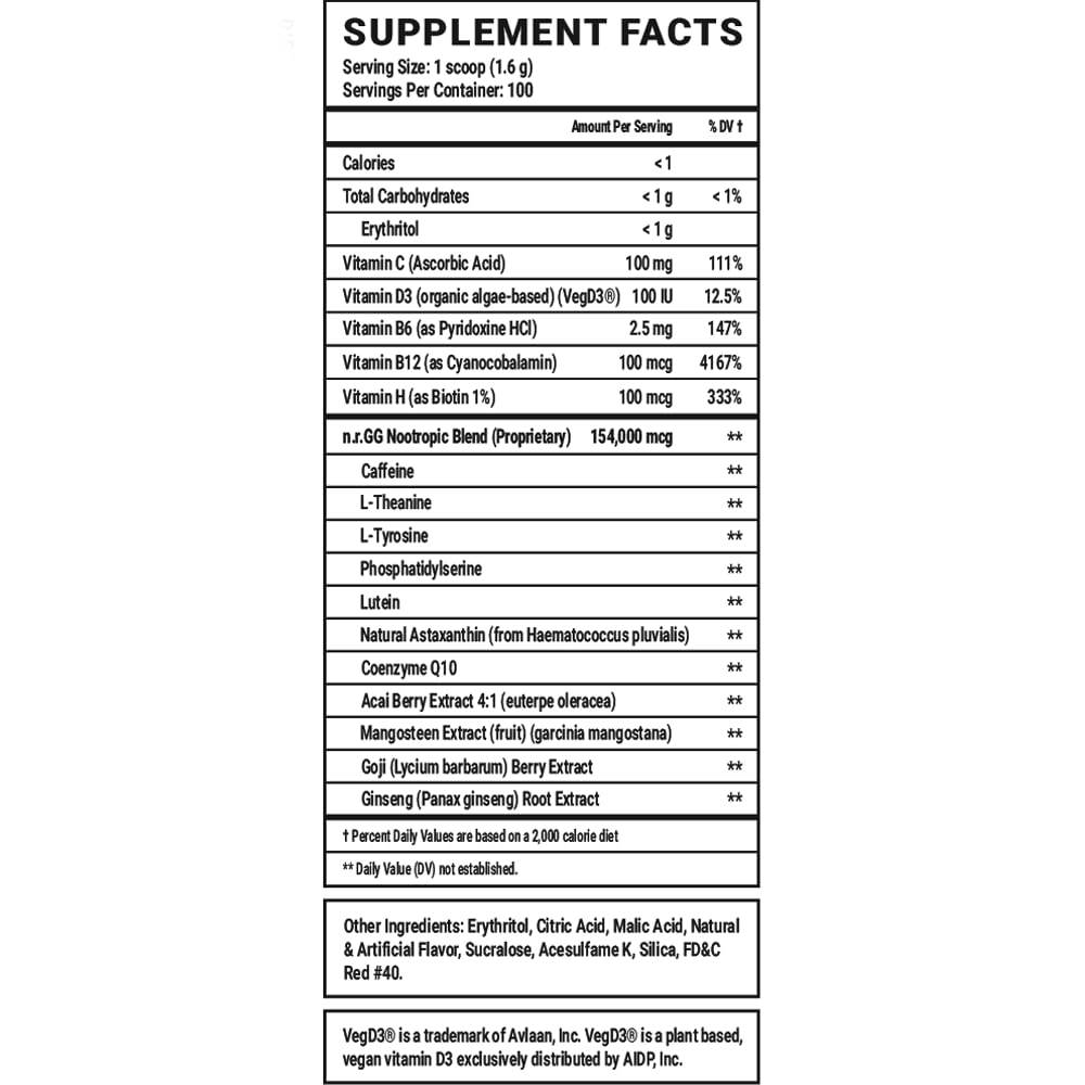 Nutrition label close-up highlights vitamins and organic caffeine.