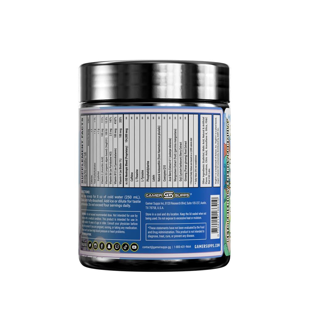 Nutrition facts show Gamer Supps vitamins and caffeine for focused gameplay